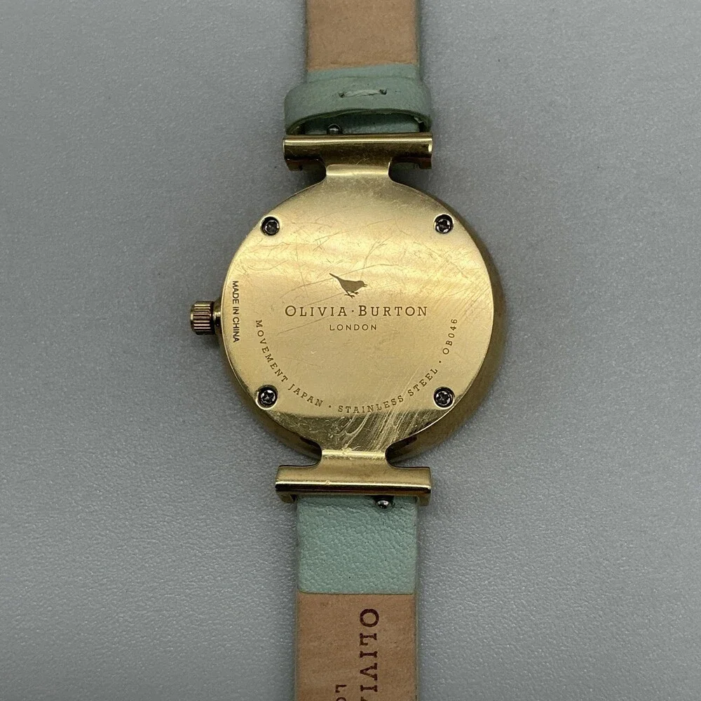Olivia Burton Womens Watch 29mm Bee Logo Mint Green Leather Gold Tone New Batt